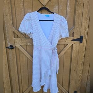 DRAPER JAMES Dress Puff Sleeve Wrap Ruffled Seersucker Striped